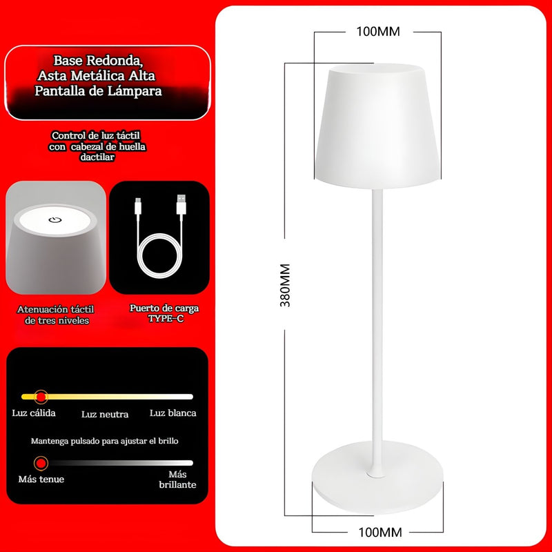 Lámpara LED de Mesa Portátil e Inalámbrica. Diseño Moderno con Base Cuadrada. 3 Tonos de Luz. Control Táctil con Atenuación Continua. Color blanco.  Usado en restaurantes