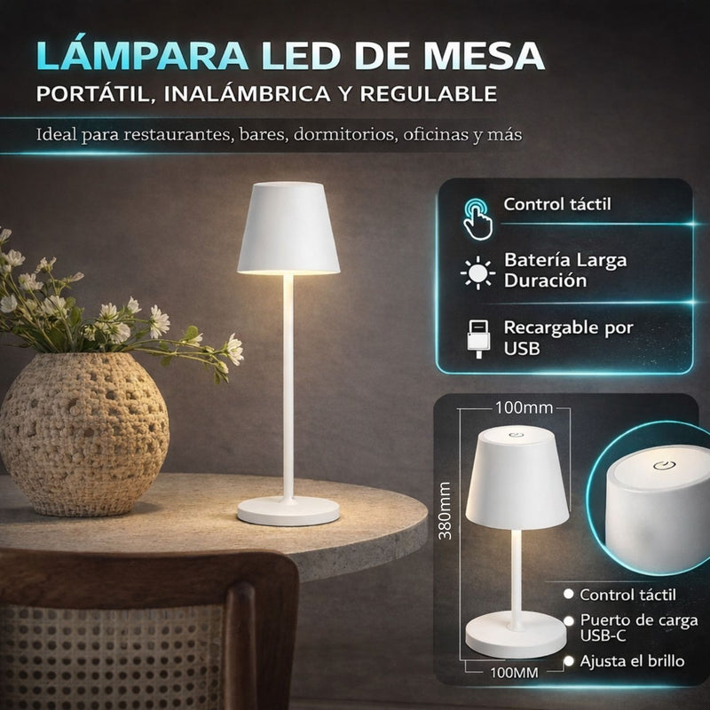 Lámpara LED de Mesa Portátil e Inalámbrica. Diseño Moderno con Base Cuadrada. 3 Tonos de Luz. Control Táctil con Atenuación Continua. Color blanco.  Usado en restaurantes