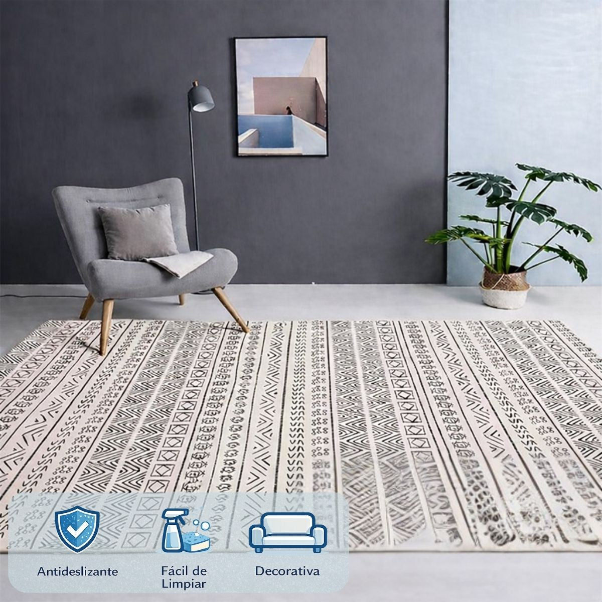 Alfombra Decorativa Estilo Étnico en Tonos Neutros para Sala o Dormitorio. Tapete Antideslizante (160x230cm). Tapete