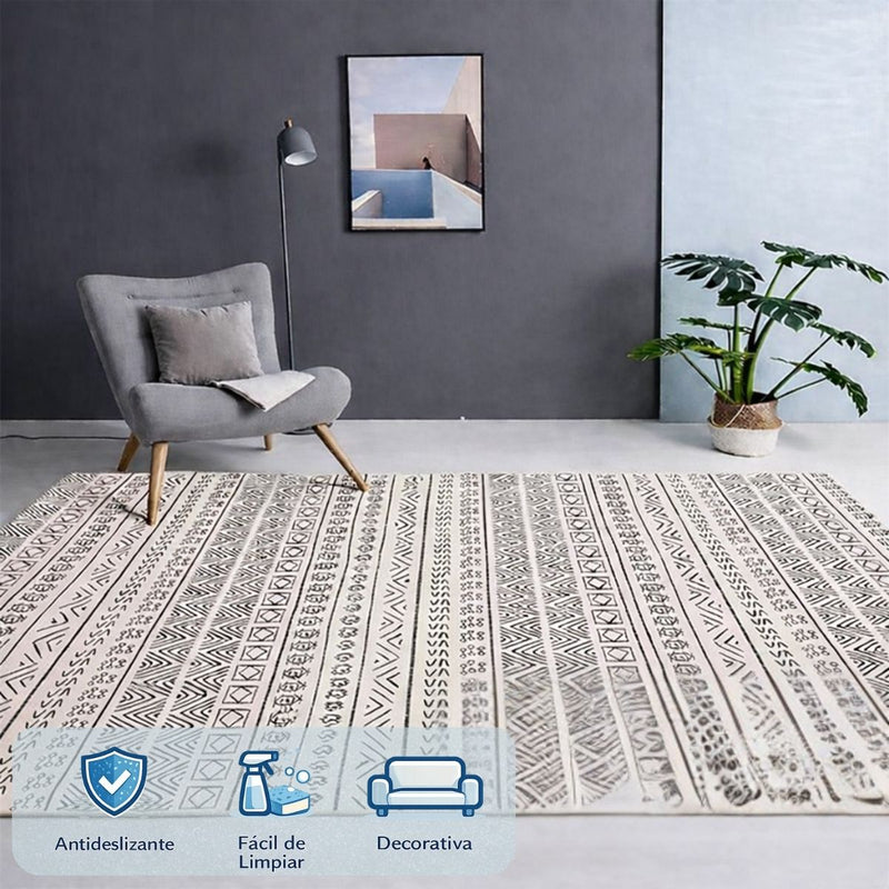 Alfombra Decorativa Estilo Étnico en Tonos Neutros para Sala o Dormitorio. Tapete Antideslizante (120x160cm). Tapete