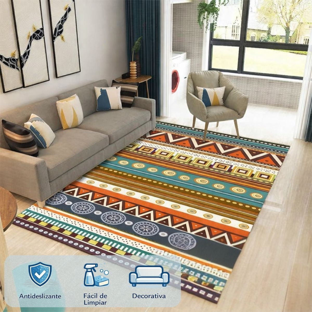Alfombra Decorativa Multicolor Estilo Étnico para Sala o Dormitorio. Tapete Antideslizante Lavable (120x160cm). Tapete