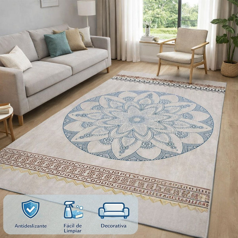 Alfombra Decorativa con diseño Mandala en Tonos Neutros. Tapete Antideslizante Lavable para Sala o Dormitorio (160x230cm). Tapete