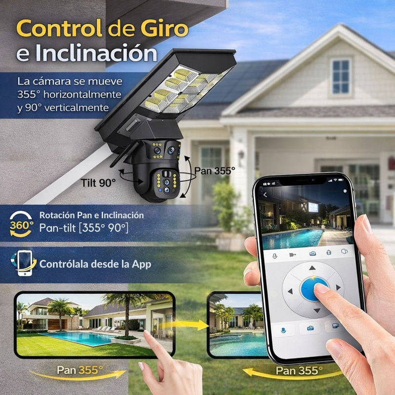 Cámara de Seguridad Solar Binocular WiFi con Lámpara LED 300W PTZ 360°. Visión Nocturna a Color. Detección Humana IP66. Cámara de Videovigilancia.