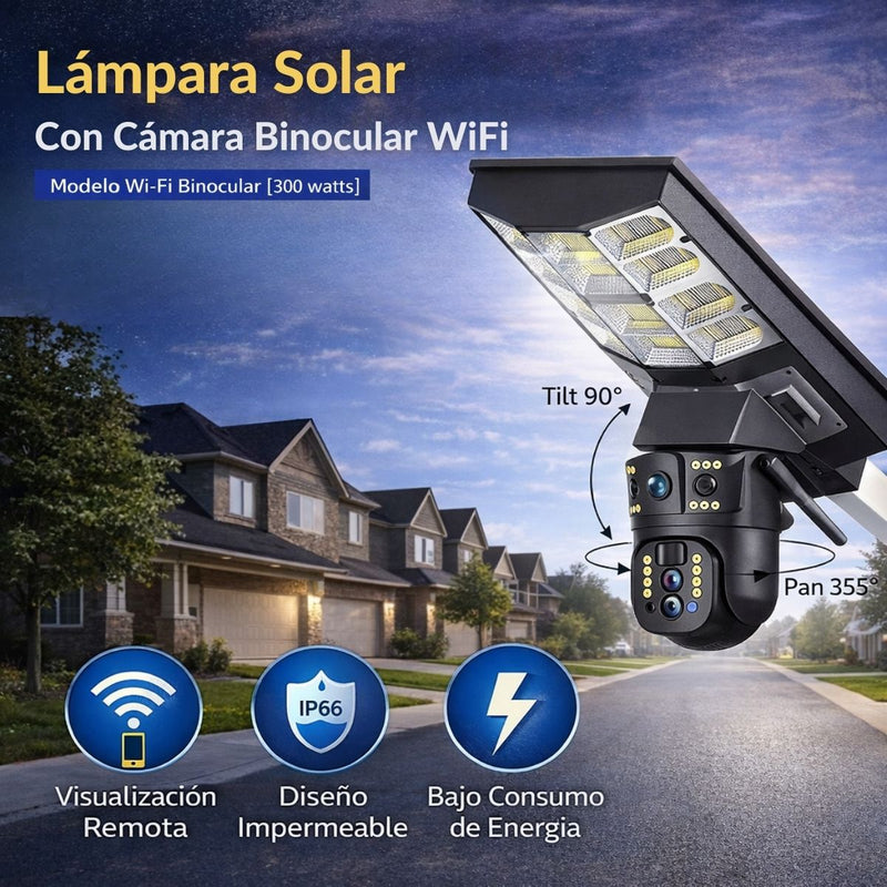 Cámara de Seguridad Solar Binocular WiFi con Lámpara LED 300W PTZ 360°. Visión Nocturna a Color. Detección Humana IP66. Cámara de Videovigilancia.