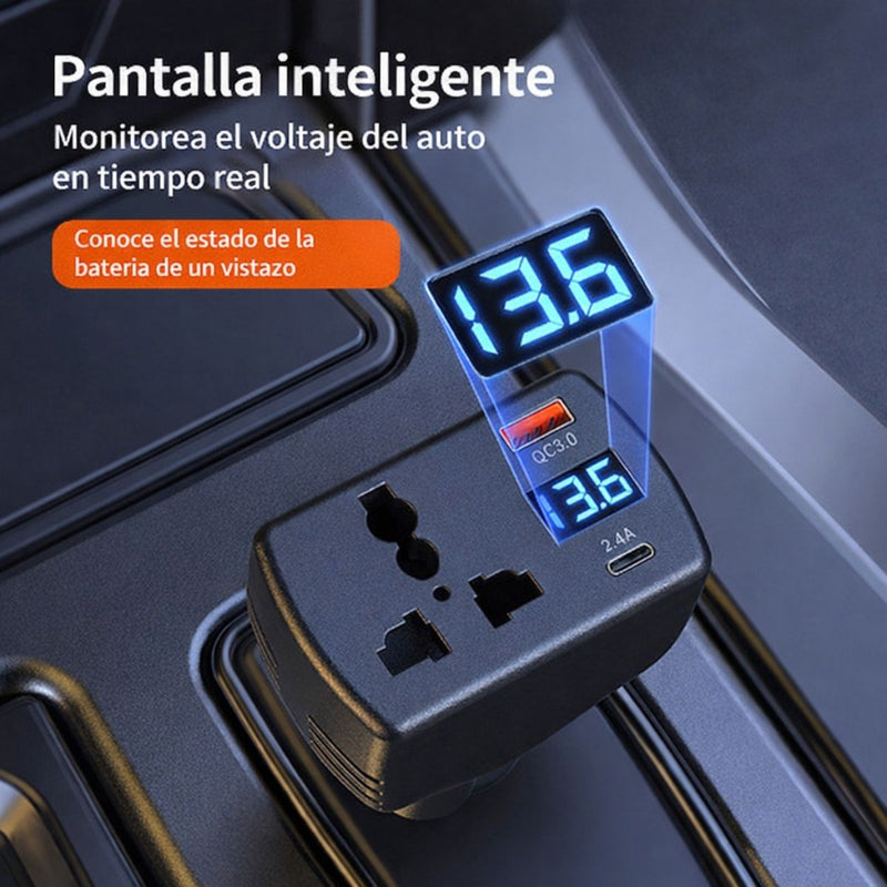 Inversor de Corriente para Auto 150W 12V/24V a 110V/220V con USB QC 3.0 y USB-C, Pantalla LED Digital y Protección Inteligente