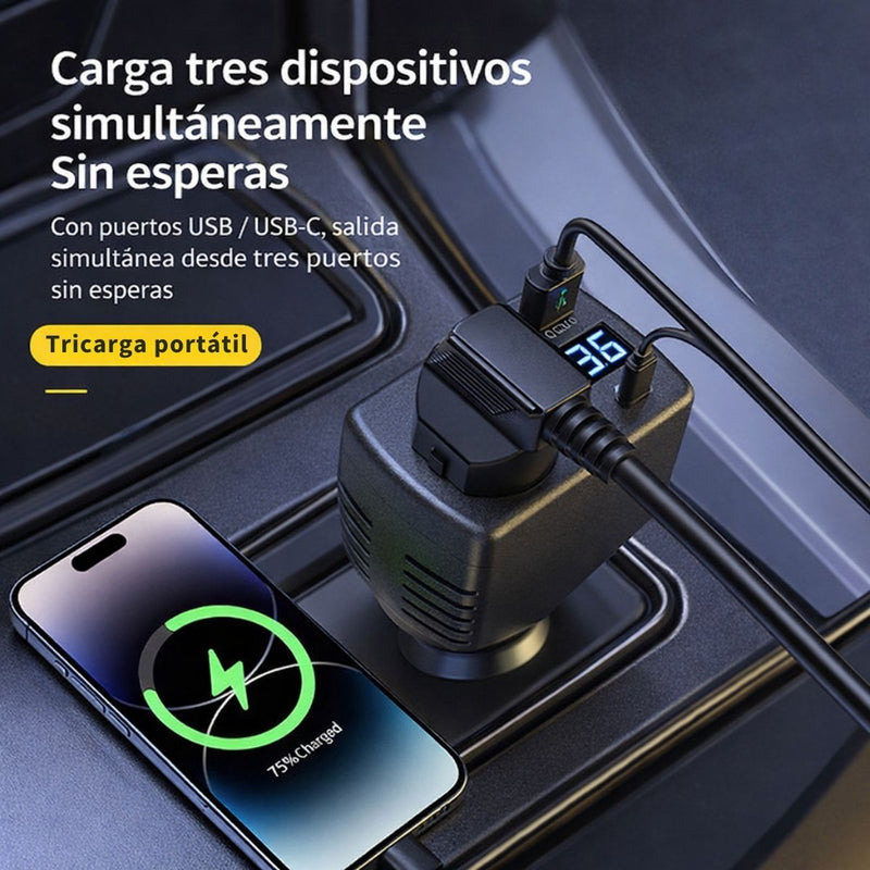 Inversor de Corriente para Auto 150W 12V/24V a 110V/220V con USB QC 3.0 y USB-C, Pantalla LED Digital y Protección Inteligente