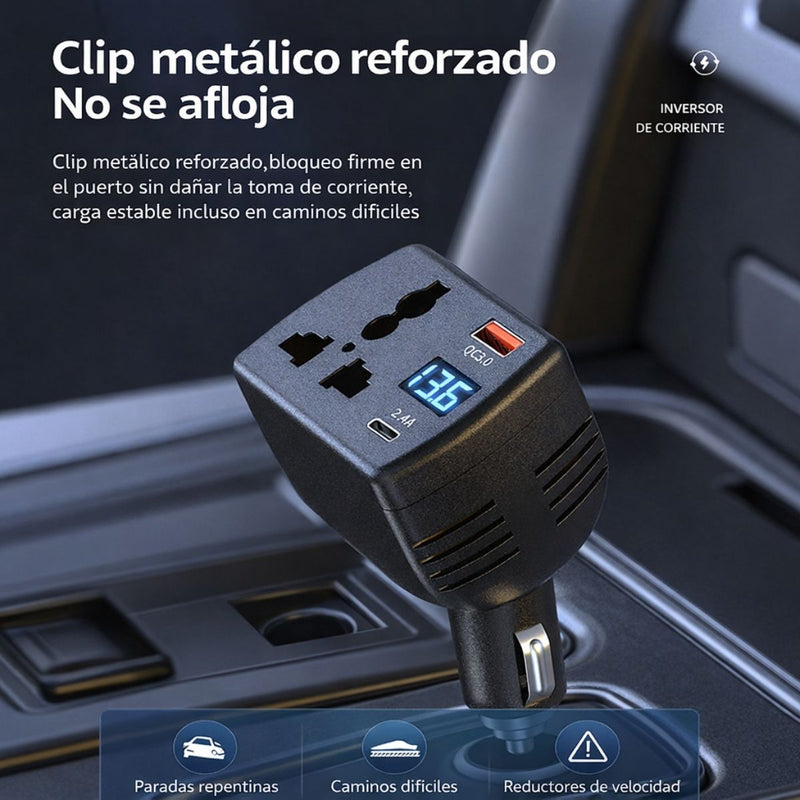 Inversor de Corriente para Auto 150W 12V/24V a 110V/220V con USB QC 3.0 y USB-C, Pantalla LED Digital y Protección Inteligente
