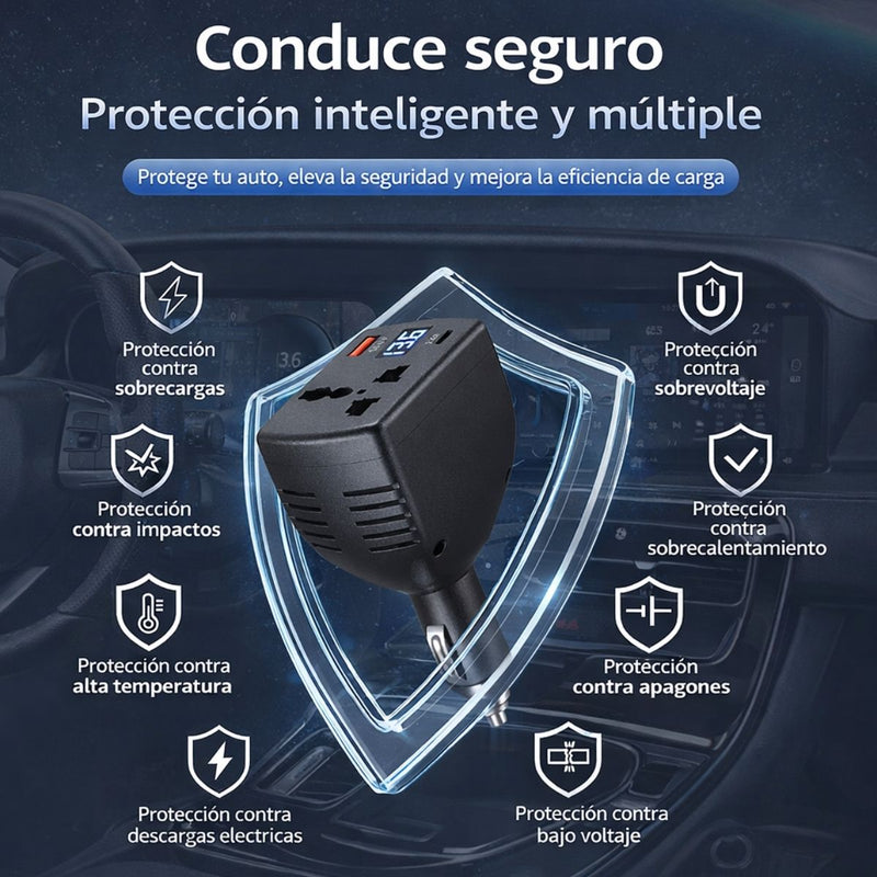 Inversor de Corriente para Auto 150W 12V/24V a 110V/220V con USB QC 3.0 y USB-C, Pantalla LED Digital y Protección Inteligente