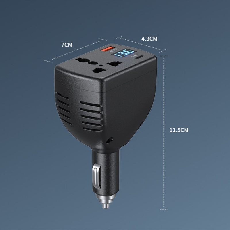 Inversor de Corriente para Auto 150W 12V/24V a 110V/220V con USB QC 3.0 y USB-C, Pantalla LED Digital y Protección Inteligente