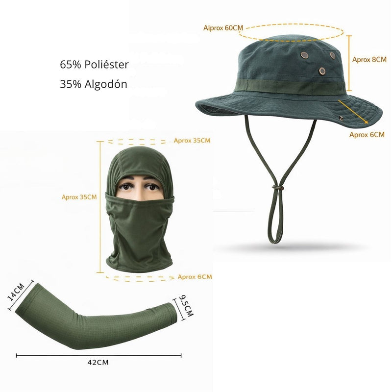 Sombrero Táctico Boonie con Protector Facial Y Mangas de Brazo. Sombrero De Pesca Talla Única,Transpirable, Anti-UV, Secado Rápido. Color Verde.