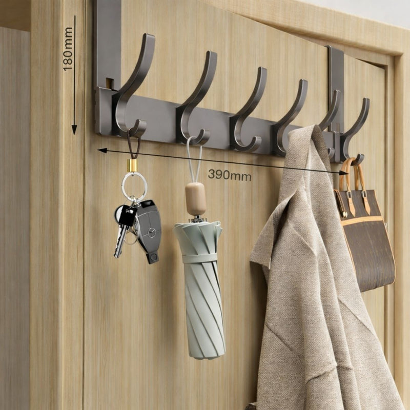 Perchero para Puerta sin Perforar de Aluminio Espacial (39cm). Colgador Multifuncional de 6 Ganchos Compatible con Puertas de 3.5 a 4.6 cm. Color Gris.