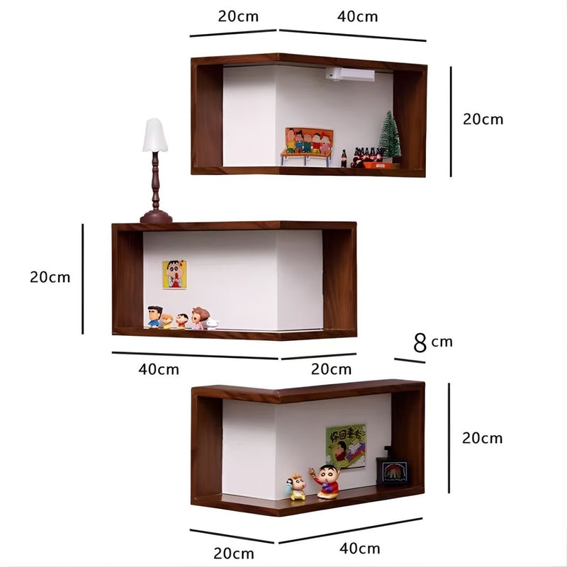 Repisas de Pared Estantes de Esquina 90° de Madera Color Nogal (Set de 3 Unds)  para Sala, Dormitorio u Oficina Color Nogal. (40x20x20cm)