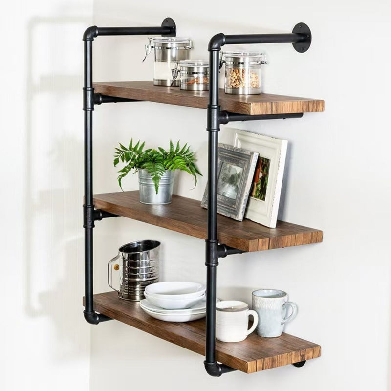 Repisas Estantes Flotantes Industrial De 3 Niveles con Tubos de Hierro y Madera Maciza. Repisa Decorativa para Sala, Cocina u Oficina (80cm)
