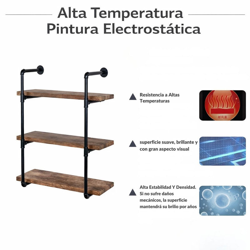 Repisas Estantes Flotantes Industrial De 3 Niveles con Tubos de Hierro y Madera Maciza. Repisa Decorativa para Sala, Cocina u Oficina (80cm)