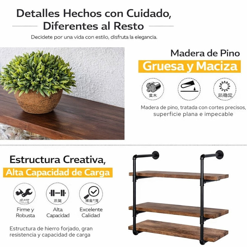 Repisas Estantes Flotantes Industrial De 3 Niveles con Tubos de Hierro y Madera Maciza. Repisa Decorativa para Sala, Cocina u Oficina (80cm)
