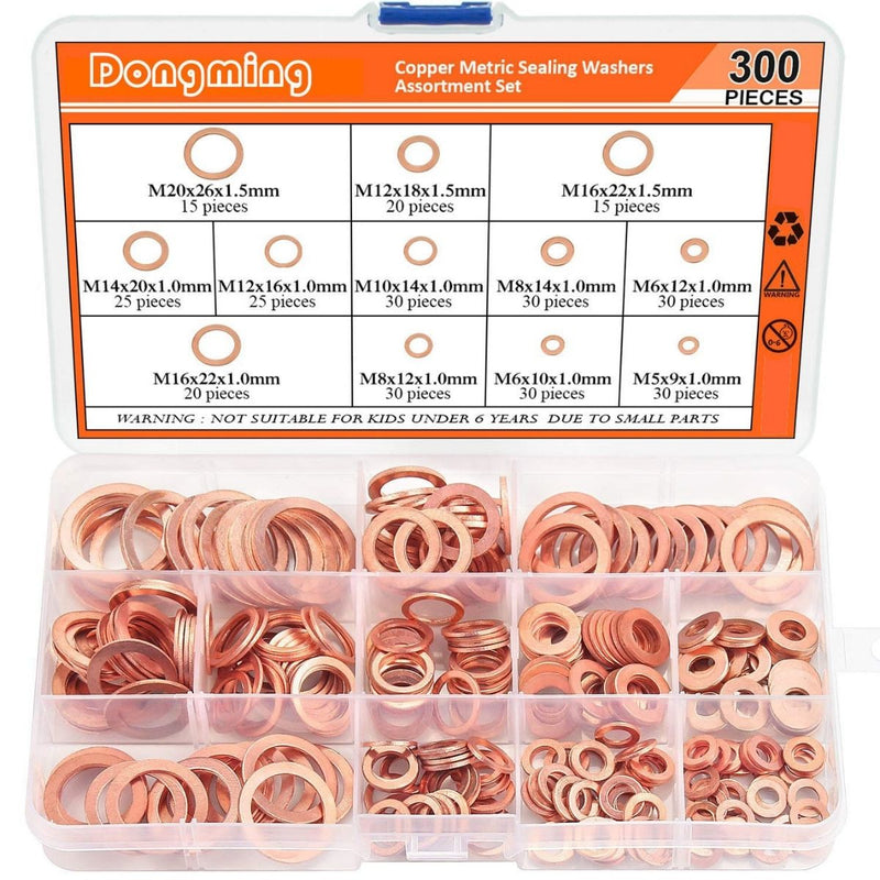 Arandelas de Cobre Métricas Set Surtido 300 Piezas para Sellado M5 a M20, Alta Resistencia y Ajuste Preciso. Guachas.