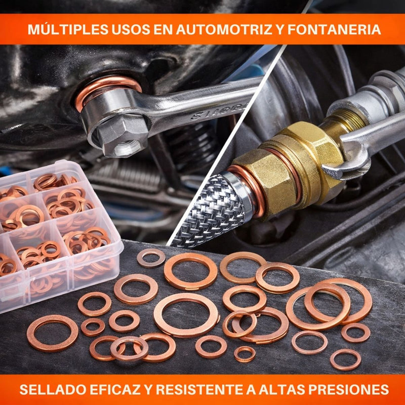 Arandelas de Cobre Métricas Set Surtido 300 Piezas para Sellado M5 a M20, Alta Resistencia y Ajuste Preciso. Guachas.