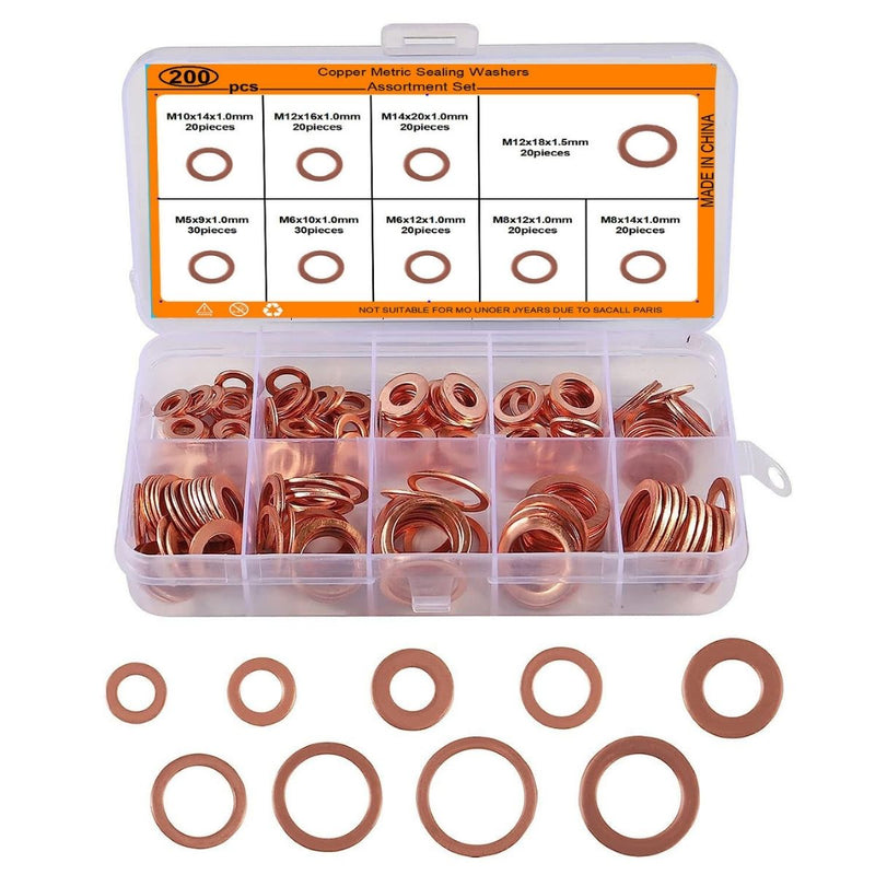 Arandelas de Cobre Métricas Set Surtido 200 Piezas para Sellado M5 a M14, Alta Resistencia y Ajuste Preciso. Guachas
