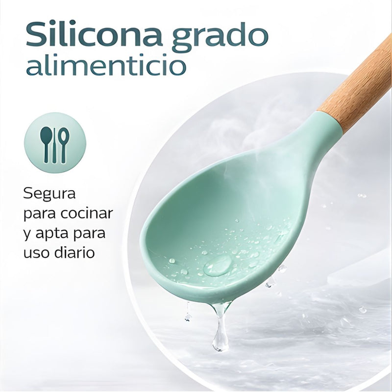 Utensilios de Cocina de Silicona Antiadherente De 12 Piezas Verde claro con Mangos de Madera. Juego De Cucharones Y Tenaza Resistente al Calor De Grado Alimenticio.