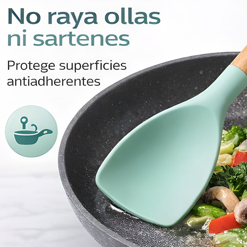 Utensilios de Cocina de Silicona Antiadherente De 12 Piezas Verde claro con Mangos de Madera. Juego De Cucharones Y Tenaza Resistente al Calor De Grado Alimenticio.