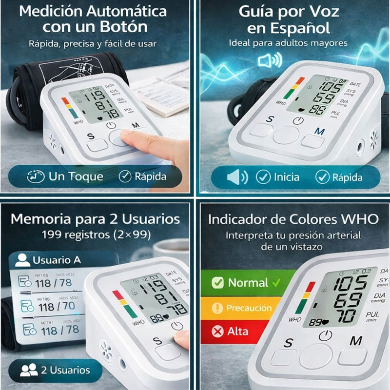 Monitor Digital de Presión Arterial Automático de Brazo. Tensiómetro con Voz en Español Pantalla Grande, Memoria Dual 2×99 Y Batería Recargable USB-C