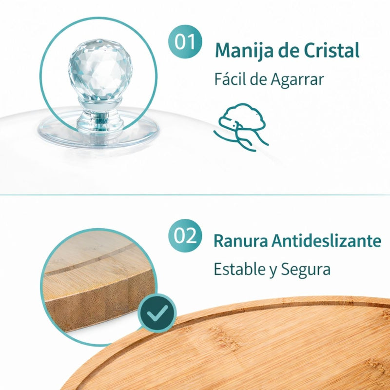 Plato Redondo de Bambú con Tapa Transparente Ideal para Postres, Pan y Snacks, Uso Doméstico y Comercial. Bandeja De Madera. Panera. 11” (28cm)