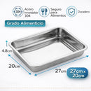 Bandeja Cuadrada de Acero Inoxidable 304 Grado Alimenticio, Bordes Redondeados y Acabado Espejo, Uso Doméstico y Comercial 27x20x4.8cm