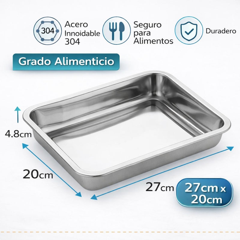 Bandeja Cuadrada de Acero Inoxidable 304 Grado Alimenticio, Bordes Redondeados y Acabado Espejo, Uso Doméstico y Comercial 27x20x4.8cm