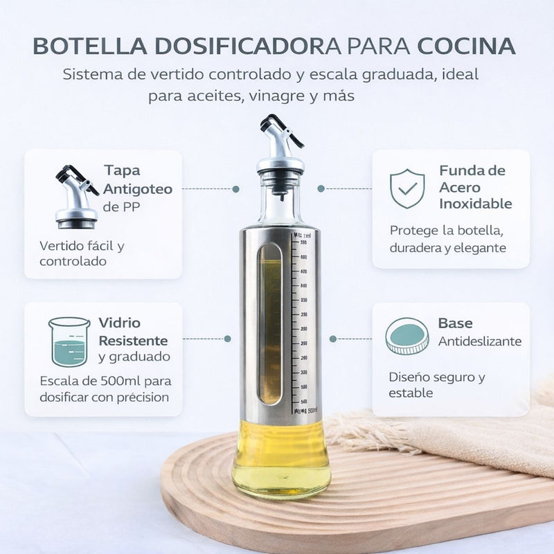 Botella Dosificadora de Aceite 500 ml con Escala Graduada, Vidrio con Funda de Acero Inoxidable, Vertido Controlado, Uso para Cocina Doméstica y Profesional