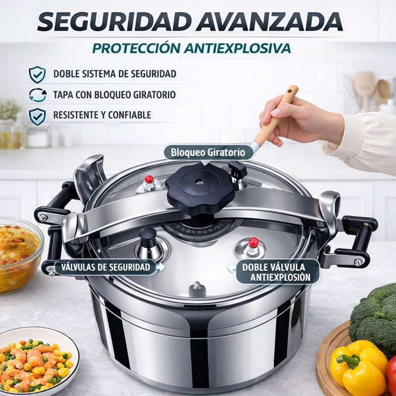 Olla de Presión De Cocción Rápida , Sistema de Seguridad con Válvulas Dobles A Prueba de Explosiones, Compatible con Gas y Cocina Eléctrica. Capacidad 35 Litros.36 cm
