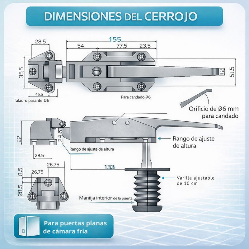Cerradura para Cámara Fría con Manija y Llave, Sistema de Varilla de Empuje 4” (10cm). Cerrojo Aleación de Zinc Anticorrosión, Seguro Industrial para Refrigeración y Congeladores