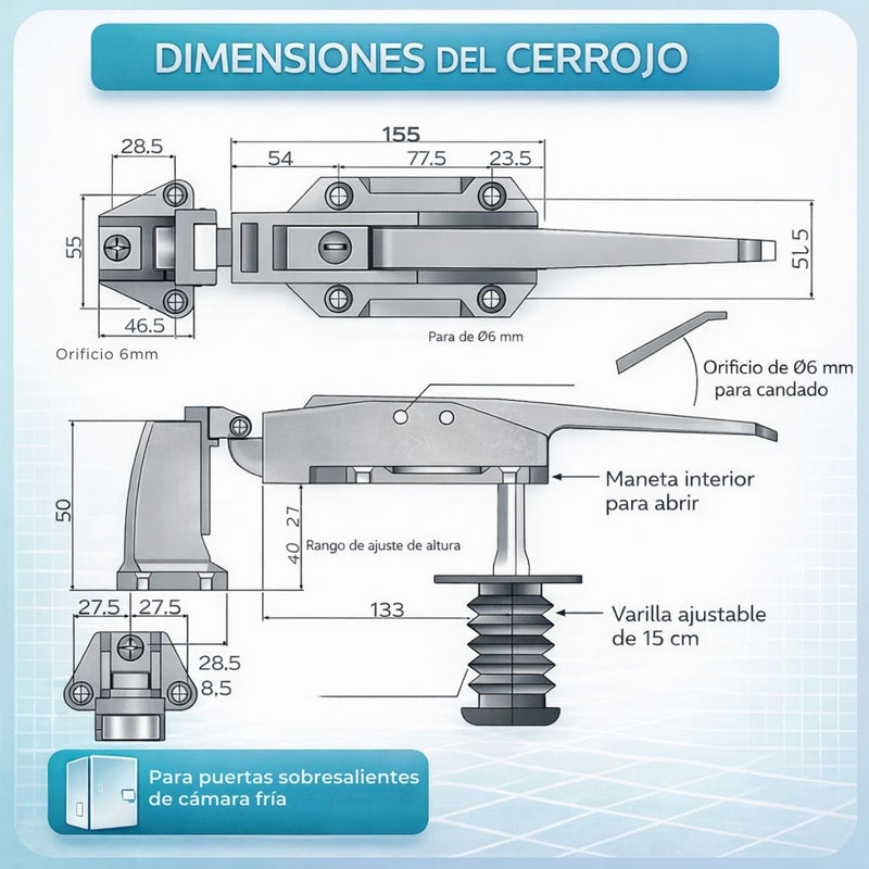Cerradura para Cámara Frigorífica de Base Alta con Varilla de Empuje 6”(15cm). Manija Industrial para Puerta Sobresaliente, Aleación de Zinc con Llave