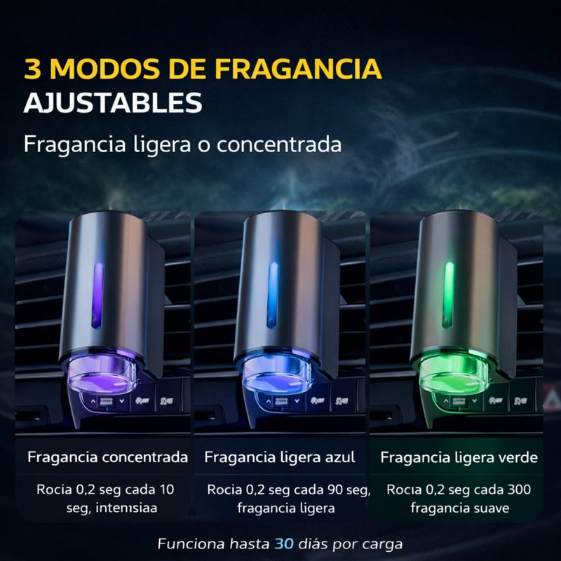 Difusor Aromatizador para Auto con Spray Inteligente. Ambientador de Aire Recargable USB-C, Cuerpo Metálico, 3 Niveles de Fragancia. (Incluye 3 Aceites Esenciales Shangri -La)