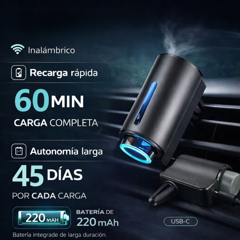 Difusor Aromatizador para Auto con Spray Inteligente. Ambientador de Aire Recargable USB-C, Cuerpo Metálico, 3 Niveles de Fragancia. (Incluye 3 Aceites Esenciales Shangri -La)
