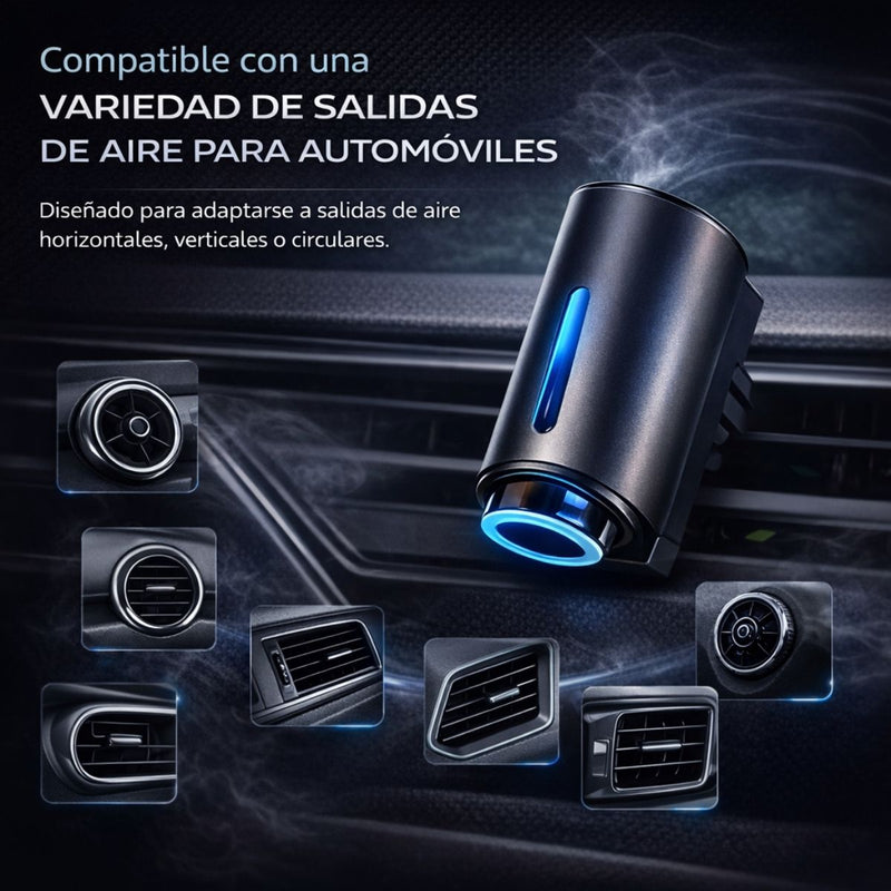 Difusor Aromatizador para Auto con Spray Inteligente. Ambientador de Aire Recargable USB-C, Cuerpo Metálico, 3 Niveles de Fragancia. (Incluye 3 Aceites Esenciales Chanel)