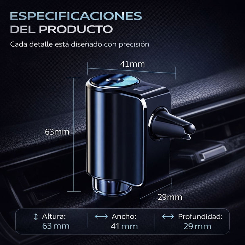 Difusor Aromatizador para Auto con Spray Inteligente. Ambientador de Aire Recargable USB-C, Cuerpo Metálico, 3 Niveles de Fragancia. (Incluye 3 Aceites Esenciales Shangri -La)