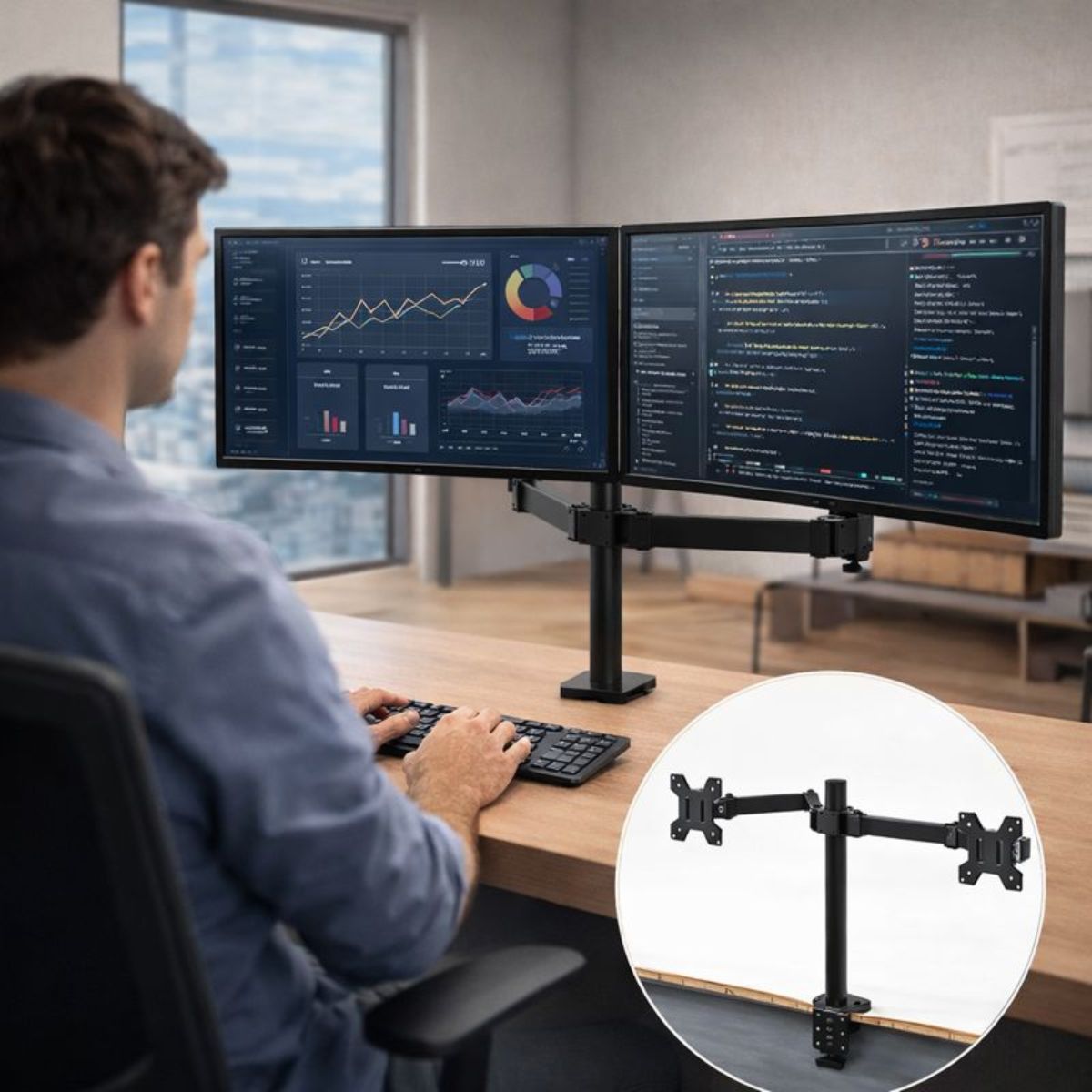 Soporte de Pantalla monitor con Doble Brazo Giratorio Ajustable (hasta 40 cm). Base de Doble de Monitor con Brazos Articulados. Color Negro.