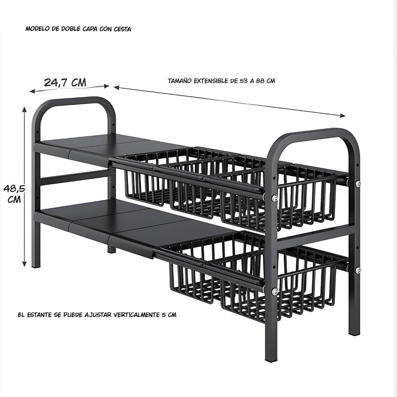 Estante Organizador Ajustable De 2 Niveles. Repisa De Almacenamiento Para debajo del fregador de 4 Cestas y 4 Paneles (48.5x24.7x88cm). Color Negro.