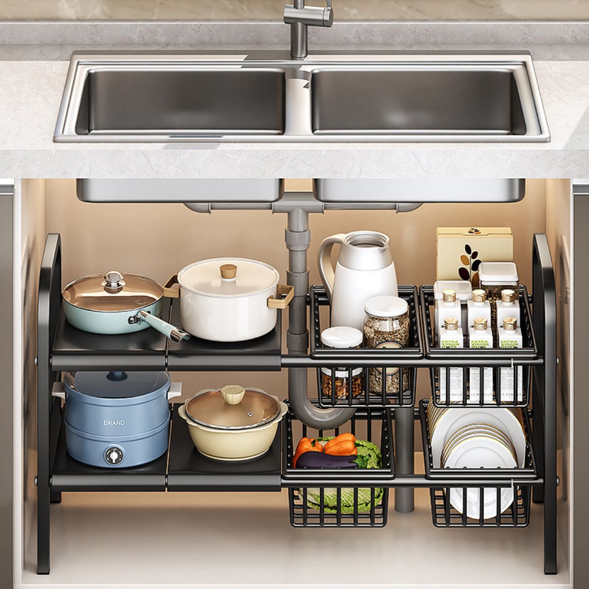 Estante Organizador Ajustable De 2 Niveles. Repisa De Almacenamiento Para debajo del fregador de 4 Cestas y 4 Paneles (48.5x24.7x88cm). Color Negro.