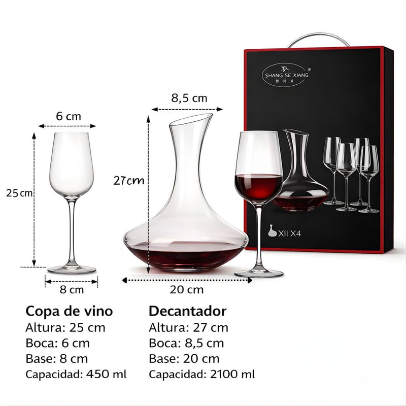 Copas de Cristal con Decantador. Set Completo de Vino con 4 copas de 450 ml y un Decantador 2100 ml.