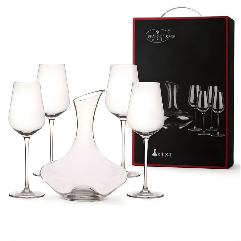 Copas de Cristal con Decantador. Set Completo de Vino con 4 copas de 450 ml y un Decantador 2100 ml.