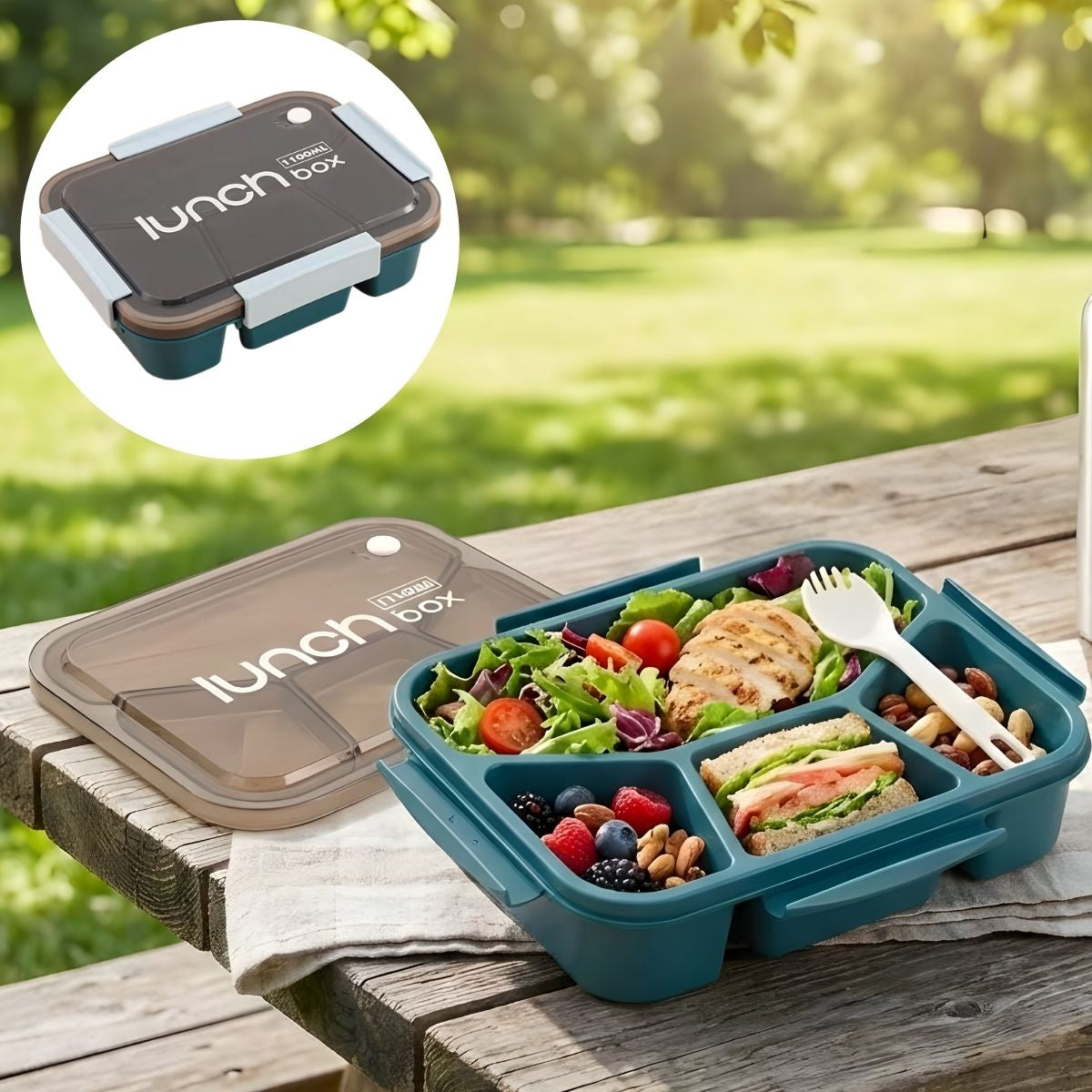 Lonchera Lunch Box 1100ml con Compartimentos. Recipiente Hermético para Comida. Lonchera rectangular. Vasija color azul.