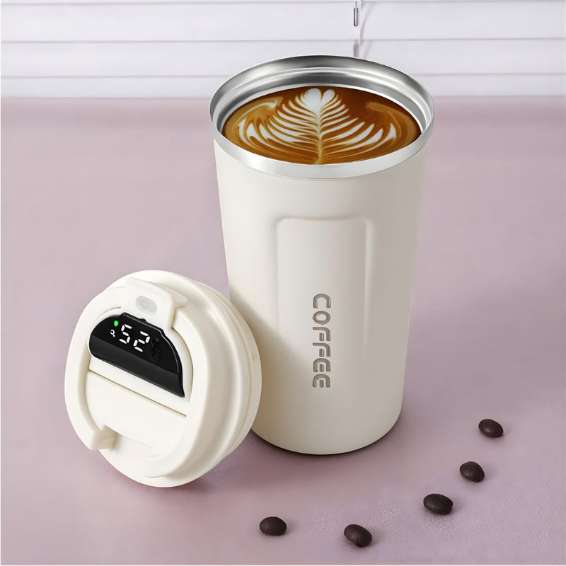 Vaso café Térmico Inteligente Con Indicador De Temperatura. (500ML) Botella Con Pantalla Digital Y Doble Aislamiento. Termo Color blanco.