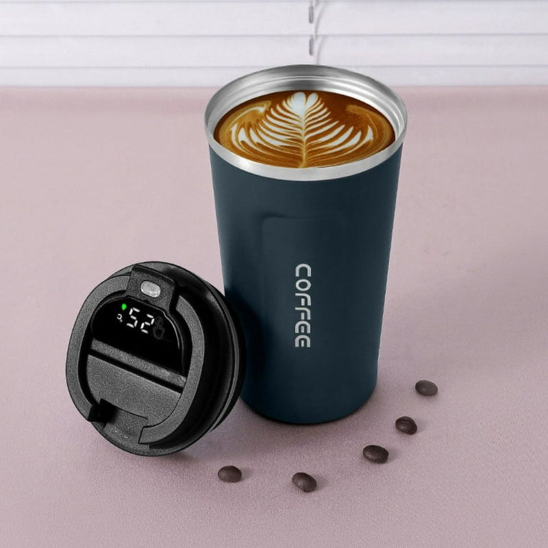 Vaso café Térmico Inteligente Con Indicador De Temperatura. (500ML) Botella Con Pantalla Digital Y Doble Aislamiento. Termo Color azul.
