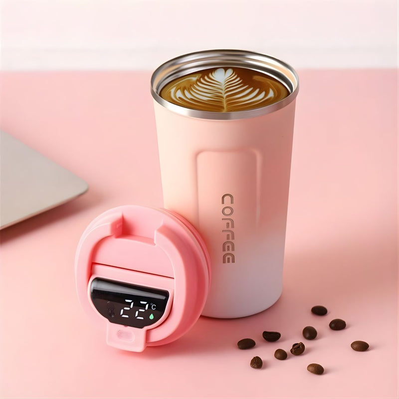 Vaso café Térmico Inteligente Con Indicador De Temperatura. (500ML) Botella Con Pantalla Digital. Termo Color rosado con degradado.
