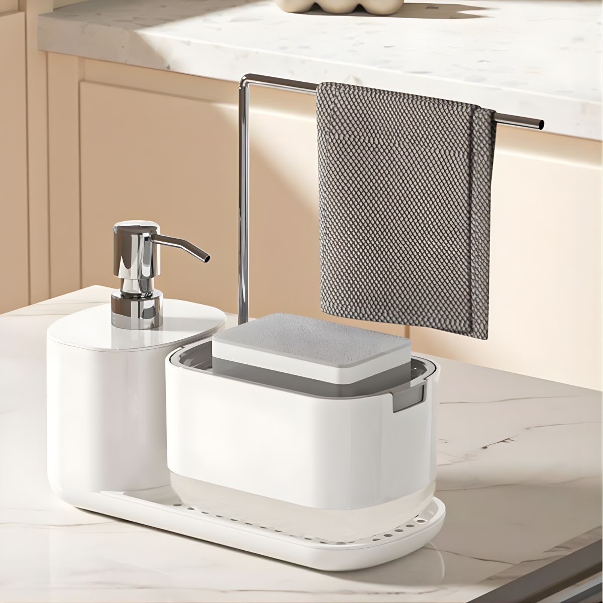 Organizador de Cocina para Fregador. Dispensador de Jabón líquido. Porta Esponja con Drenaje. Soporte para Trapo (23x24x10.7cm). Color blanco.