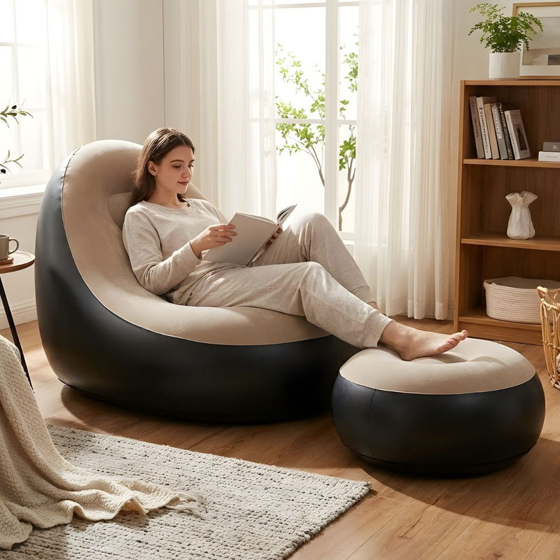 Sillón Inflable con Reposapiés(62x31cm) y Respaldo con bomba de aire manual. Sofá Inflable (125x105x100cm) Ergonómico para Descanso.