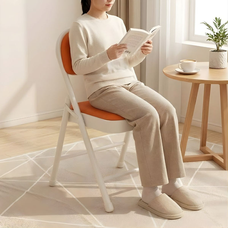 Silla metálica Plegable Reforzada En Acero (79×45×45Cm). Marco Blanco Y Asiento naranja. Esponja De Doble Capa Y Malla Transpirable.