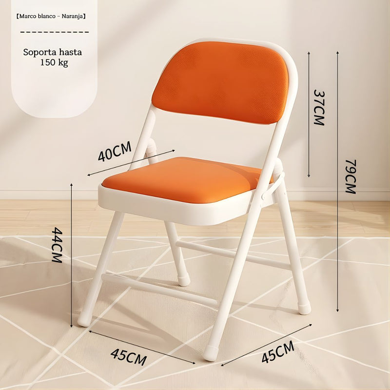 Silla metálica Plegable Reforzada en Acero (79×45×45cm). Marco Blanco y Asiento Naranja. Esponja de Doble Capa y Revestimiento PU.