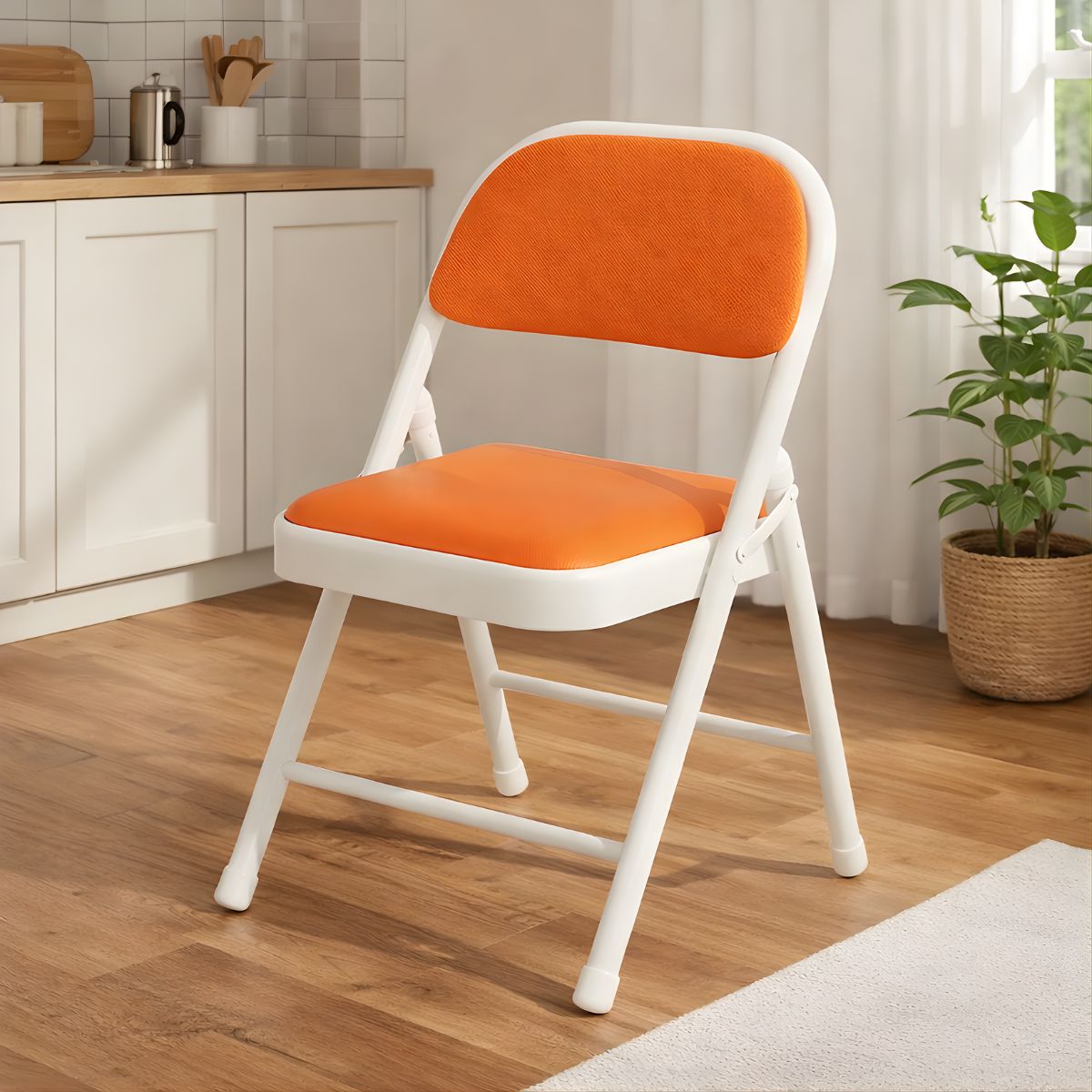 Silla metálica Plegable Reforzada en Acero (79×45×45cm). Marco Blanco y Asiento Naranja. Esponja de Doble Capa y Revestimiento PU.